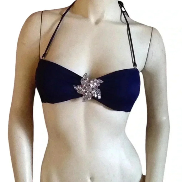 Victoria's Secret CRYSTAL BROOCH Bikini Top NAVY BLUE Bling Flower Accent medium - Picture 5 of 8